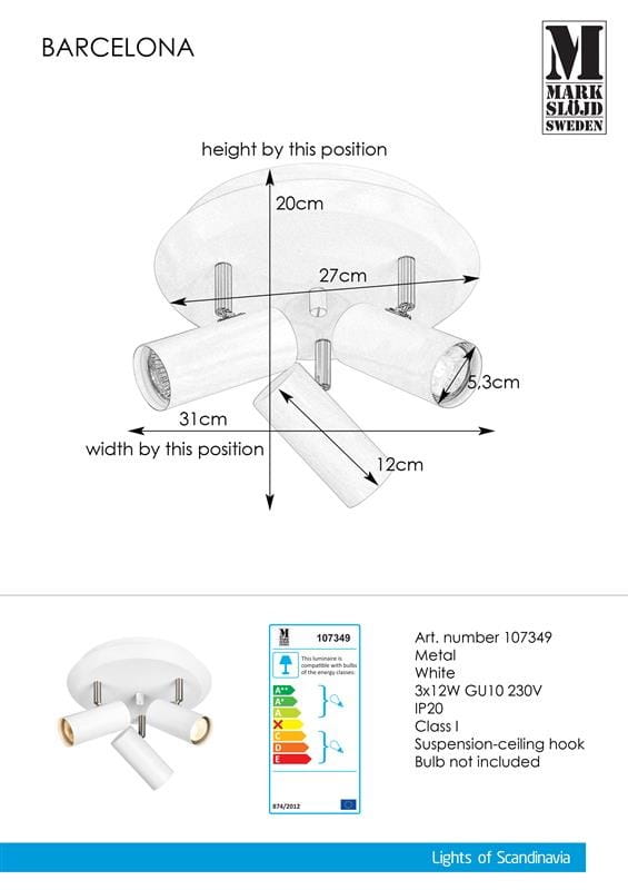 Lampa sufitowa Barcelona, 3-punktowa, w kolorze białym. Wymiary: średnica 31 cm, wysokość 20 cm, głębokość 12 cm. Metalowa konstrukcja z trzema ruchomymi punktami świetlnymi. W zestawie brak żarówek, typ GU10. Klasa ochrony IP20.