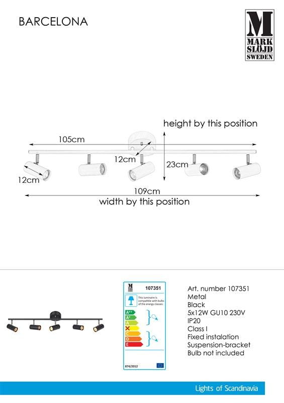 Czarna lampa sufitowa (spot) Barcelona, 5 punktów, wykonana z metalu. Wymiary: długość 105 cm, wysokość 12 cm, szerokość 23 cm. Montaż stały, brak żarówek. Ujęcie z boku, ukazujące szczegóły konstrukcji i rozmieszczenie punktów świetlnych.