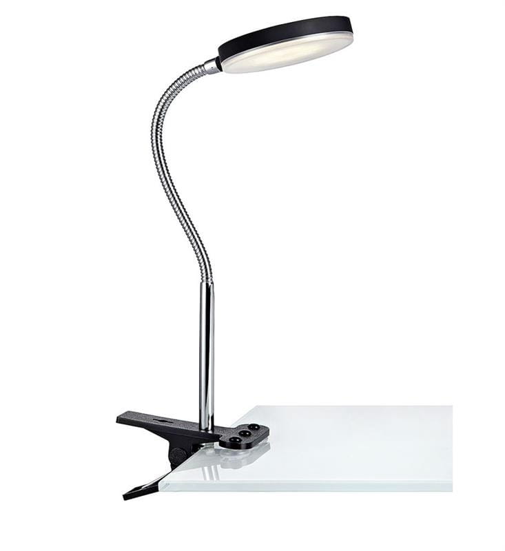 Flex Klip LED kinkiet 1-punktowy w kolorze czarnym i chromowanym z elastycznym ramieniem. Lampa mocowana do blatu za pomocą klipsa, z okrągłą głowicą emitującą światło. Prosty design, idealny do biura lub jako dodatkowe oświetlenie.