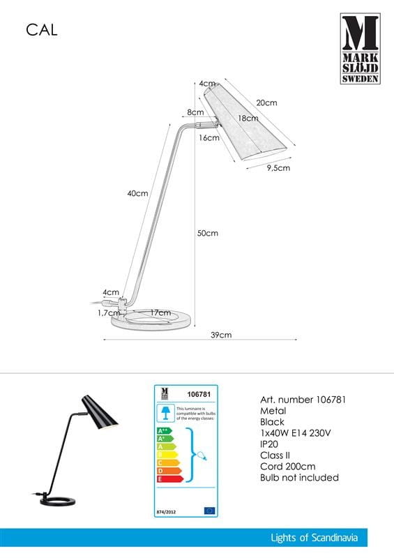 Lampka stołowa Cal 1-punktowa w kolorze czarnym, wykonana z metalu. Ma smukły, prosty kształt z regulowanym ramieniem i kwadratową podstawą. Wymiary: wysokość 50 cm, szerokość 39 cm. Długość kabla wynosi 200 cm. Żarówka nie jest dołączona.
