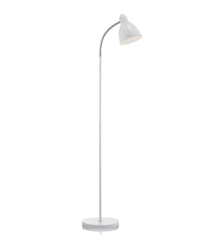 Lampa podłogowa Nitta 1-punktowa w kolorze białym z metalowym kloszem. Posiada smukłą, prostą nogę oraz okrągłą podstawę. Klosz jest lekko nachylony, co umożliwia skierowanie światła w wybranym kierunku. Idealna do nowoczesnych wnętrz.
