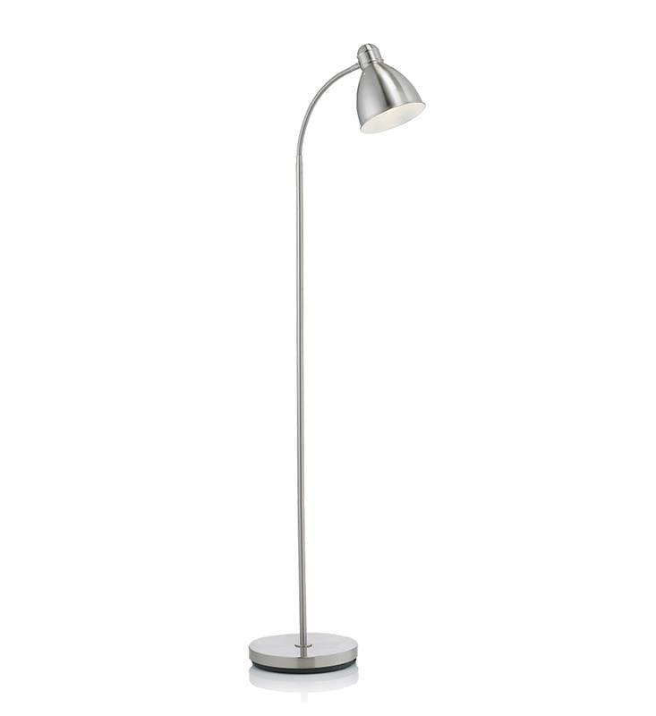 Lampa podłogowa Nitta 1-punktowa w kolorze stali nierdzewnej, z długim, zaokrąglonym ramieniem i stożkowatą głowicą. Ustawiona na okrągłej podstawie, w prostym, nowoczesnym stylu, idealna do oświetlenia wnętrz.