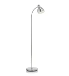 Lampa podłogowa Nitta 1-punktowa w kolorze stali nierdzewnej, z długim, zaokrąglonym ramieniem i stożkowatą głowicą. Ustawiona na okrągłej podstawie, w prostym, nowoczesnym stylu, idealna do oświetlenia wnętrz.