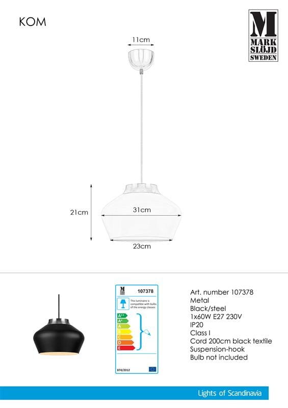 Lampa wisząca Kom D31 w kolorze czarnym i stalowym, metalowa, o średnicy 31 cm i wysokości 21 cm. Posiada czarny tekstylny przewód o długości 200 cm oraz zawieszenie w formie haka. Żarówka nie jest dołączona.