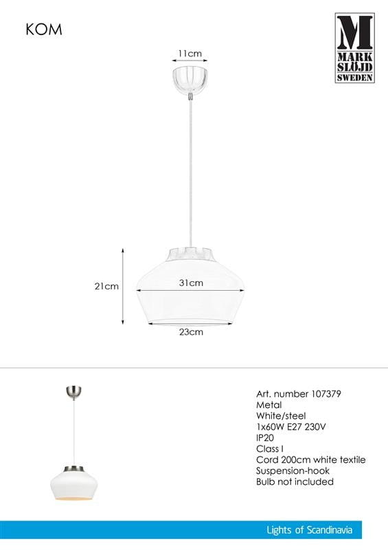 Lampa wisząca Kom D31, 1-punktowa, w kolorze białym i stalowym. Okrągła, metalowa podsufitka, szklany klosz o średnicy 31 cm i wysokości 21 cm. Długość przewodu 200 cm. Idealna do nowoczesnych wnętrz.