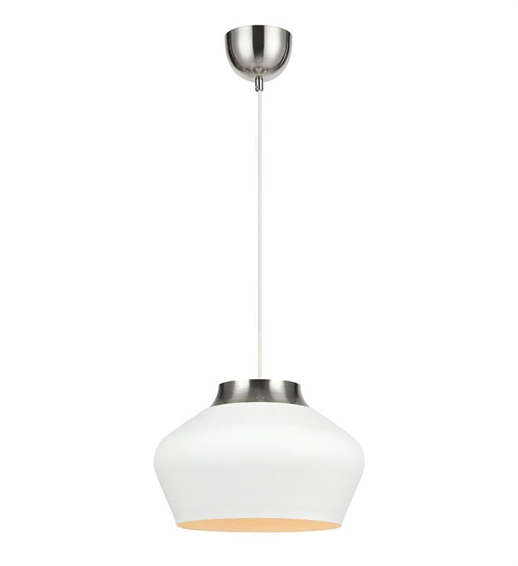 Lampa wisząca Kom D31, 1-punktowa, z białym kloszem o zaokrąglonym kształcie i stalowym wykończeniu u góry. Zawieszona na długim, białym przewodzie, idealna do nowoczesnych wnętrz.
