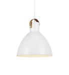 Lampa wisząca Eagle D35 w kolorze białym, z metalowym kloszem w kształcie stożka i skórzanym uchwytem. Zawieszona na cienkim przewodzie, emitująca światło w dół. Idealna do nowoczesnych wnętrz.