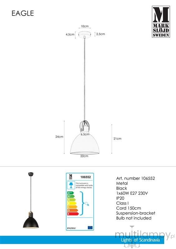 Lampa wisząca Eagle D22, czarna, metalowa, z kloszem o średnicy 22 cm i wysokości 24 cm. Zawieszona na 150 cm linki. Prosta konstrukcja z okrągłym mocowaniem do sufitu. Idealna do nowoczesnych wnętrz.