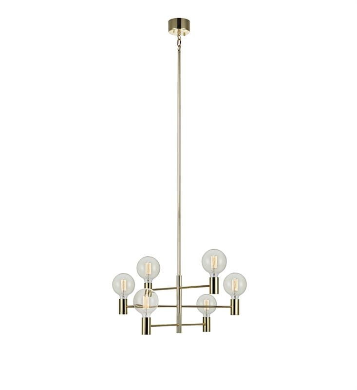 Lampa wisząca Capital 6-punktowa w kolorze złotym, z sześcioma okrągłymi kloszami z przezroczystego szkła, zawieszona na cienkim metalowym pręcie. Kształt geometryczny, nowoczesny design, idealna do eleganckich wnętrz.
