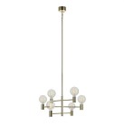 Lampa wisząca Capital 6-punktowa w kolorze złotym, z sześcioma okrągłymi kloszami z przezroczystego szkła, zawieszona na cienkim metalowym pręcie. Kształt geometryczny, nowoczesny design, idealna do eleganckich wnętrz.