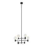Lampa wisząca Capital w kolorze czarnym, sześciopunktowa, z metalową konstrukcją. Szklane klosze w formie kul, umieszczone na poziomej ramie. Długa, cienka linka mocująca. Produkt wisi w pionie na białym tle.