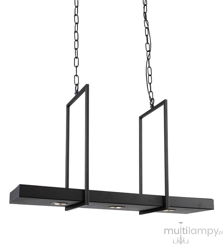 Lampa wisząca Tray LED w kolorze czarnym, z trzema punktami świetlnymi, zawieszona na łańcuchach. Prosty, geometryczny kształt z prostokątnymi ramkami, idealna do nowoczesnych wnętrz.