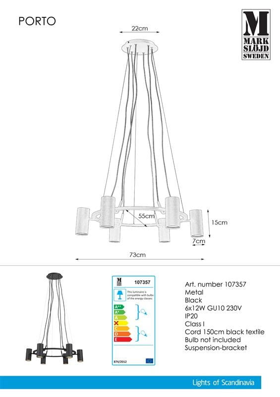 Czarna lampa wisząca Porto, metalowa, 6-punktowa, z sześcioma gniazdami na żarówki GU10. Wymiary: 73 cm długości, 55 cm szerokości, 22 cm średnicy u góry, 150 cm czarnego kabla. Prosty, nowoczesny design, idealna do różnych wnętrz.