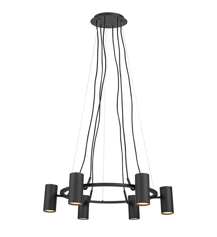 Lampa wisząca Porto 6-punktowa w kolorze czarnym, z metalowym stelażem i cylindrycznymi kloszami. Zawieszona na długich, cienkich linkach, ułożona w okrąg, idealna do nowoczesnych wnętrz.