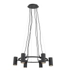 Lampa wisząca Porto 6-punktowa w kolorze czarnym, z metalowym stelażem i cylindrycznymi kloszami. Zawieszona na długich, cienkich linkach, ułożona w okrąg, idealna do nowoczesnych wnętrz.
