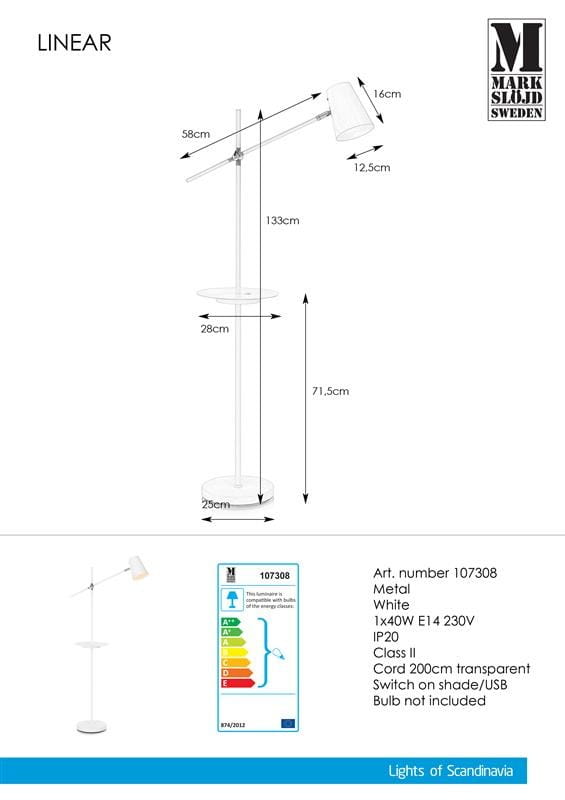 Lampa podłogowa Hudson 1-punktowa w kolorze białym z metalowym stelażem. Wysokość 133 cm, średnica podstawy 25 cm, z regulowanym kloszem. Posiada wbudowane gniazdo USB oraz przełącznik na kloszu. Idealna do nowoczesnych wnętrz.