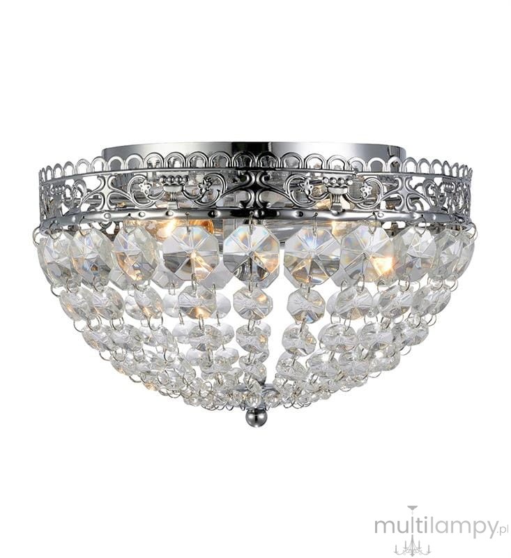 Lampa sufitowa Saxholm 2-punktowa w kolorze chromu z ozdobną, przezroczystą dekoracją z kryształów. Ujęcie z góry, pokazujące okrągły kształt i detalowane wykończenie. Idealna do nowoczesnych wnętrz.