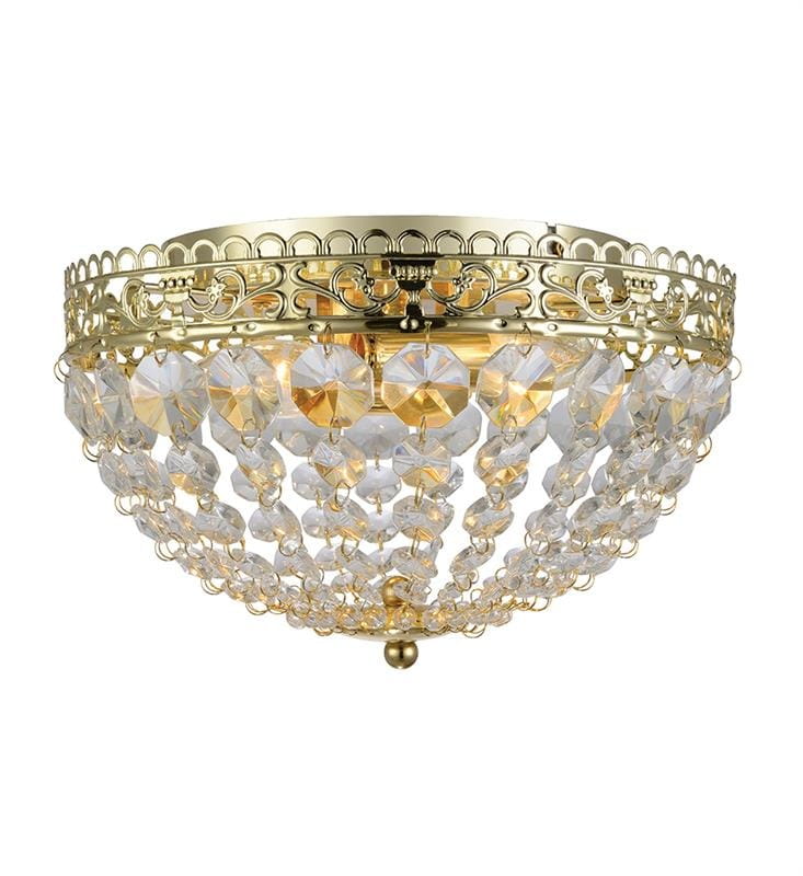 Lampa sufitowa Saxholm 2-punktowa w złotym kolorze z dekoracyjną ramą i kryształowymi zawieszkami. Okrągła konstrukcja z widocznymi punktami świetlnymi, zawieszona w dolnej części. Wzór z przejrzystych kryształów, które odbijają światło.