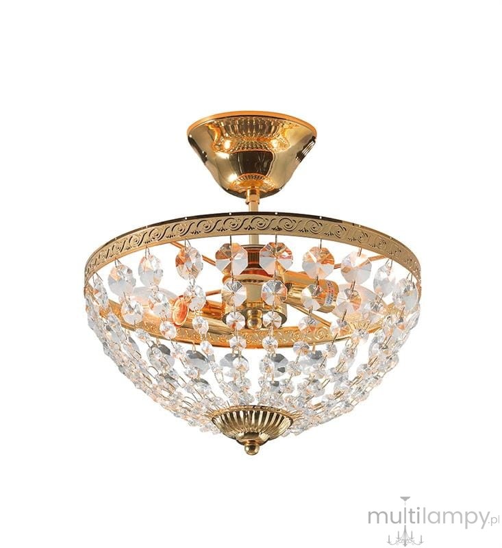 Lampa sufitowa Hanaskog 2-punktowa w kolorze złotym, z przezroczystymi kryształkami. Okrągła, z dekoracyjnym stelażem i starannie wykończonym detalem na dolnej części. Zamontowana na suficie, z widocznym żarnikiem w centrum.