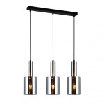 Lampa wisząca Sardo 3-punktowa w kolorze niklu satynowego, z trzema szklanymi kloszami o cylindrycznym kształcie. Klosze zawieszone na czarnych linkach, z widocznym źródłem światła wewnątrz. Ujęcie z przodu, na białym tle.