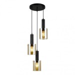 Lampa wisząca Sardo 3-punktowa w kolorze czarnym i bursztynowym, z trzema szklanymi kloszami zawieszonymi na czarnych linkach. Klosze mają cylindryczny kształt, a w środku widoczne żarówki, umieszczone na różnych wysokościach.