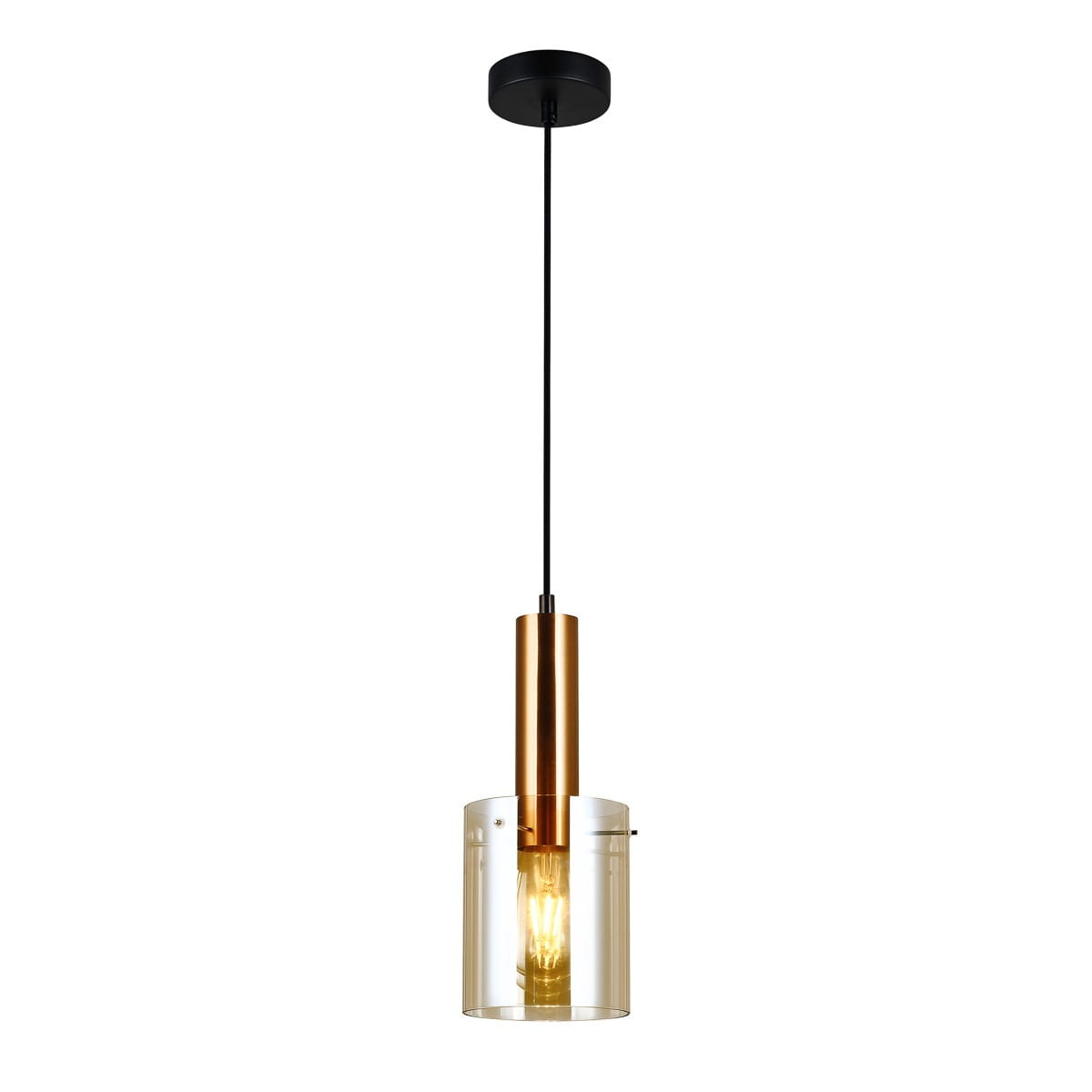 Lampa wisząca Sardo 1-punktowa w mosiądzu i bursztynowym kloszu. Zawieszona na czarnym przewodzie, z metalową oprawą w kolorze mosiądzu, w kształcie cylindrycznym. Przezroczysty klosz umożliwia wydobycie ciepłego światła.
