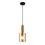 Lampa wisząca Sardo 1-punktowa w mosiądzu i bursztynowym kloszu. Zawieszona na czarnym przewodzie, z metalową oprawą w kolorze mosiądzu, w kształcie cylindrycznym. Przezroczysty klosz umożliwia wydobycie ciepłego światła.