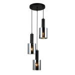 Lampa wisząca Sardo 3-punktowa w kolorze czarnym z dymionymi kloszami. Składa się z trzech cylindrycznych kloszy, zawieszonych na czarnych przewodach. Klosze mają metaliczne, połyskujące wykończenie, a wewnątrz znajdują się żarówki.