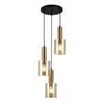 Lampa wisząca Sardo 3-punktowa w kolorze mosiądzu i bursztynu, z trzema szklanymi kloszami. Klosze mają cylindryczny kształt i są zawieszone na czarnych przewodach. Lampa montowana do sufitu, z okrągłą podstawą.