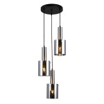 Lampa wisząca Sardo 3-punktowa, wykonana z niklu satynowego, z trzema cylindrycznymi kloszami w kolorze przezroczystym. Zawieszona na czarnych przewodach, z widocznymi żarówkami. Klosze różnej wysokości, nowoczesny design.