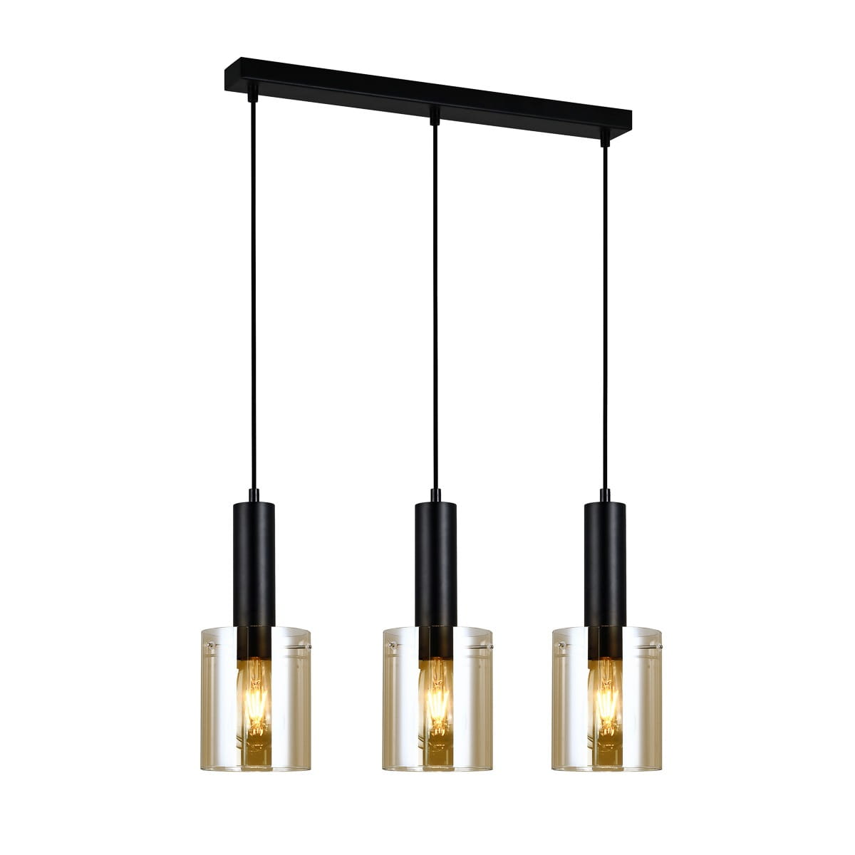 Lampa wisząca Sardo 3-punktowa w kolorze czarnym z bursztynowymi kloszami. Trzy cylindryczne klosze z przezroczystego szkła zawieszone na czarnych linkach. Prosty, minimalistyczny design, idealna do nowoczesnych wnętrz.