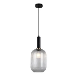 Lampa wisząca Antiola 1-punktowa w kolorze czarnym i przeźroczystym, z okrągłym kloszem o żłobionej fakturze. Ujęcie frontalne, zawieszona na cienkim kablu, z widoczną żarówką wewnątrz. Minimalistyczny design, idealna do nowoczesnych wnętrz.
