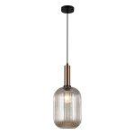 Lampa wisząca Antiola w kolorze mosiądzu i bursztynu, z przezroczystym, żłobkowanym kloszem. Montowana na czarnym przewodzie, w formie stożka, z metalowym wykończeniem. Idealna do nowoczesnych wnętrz.