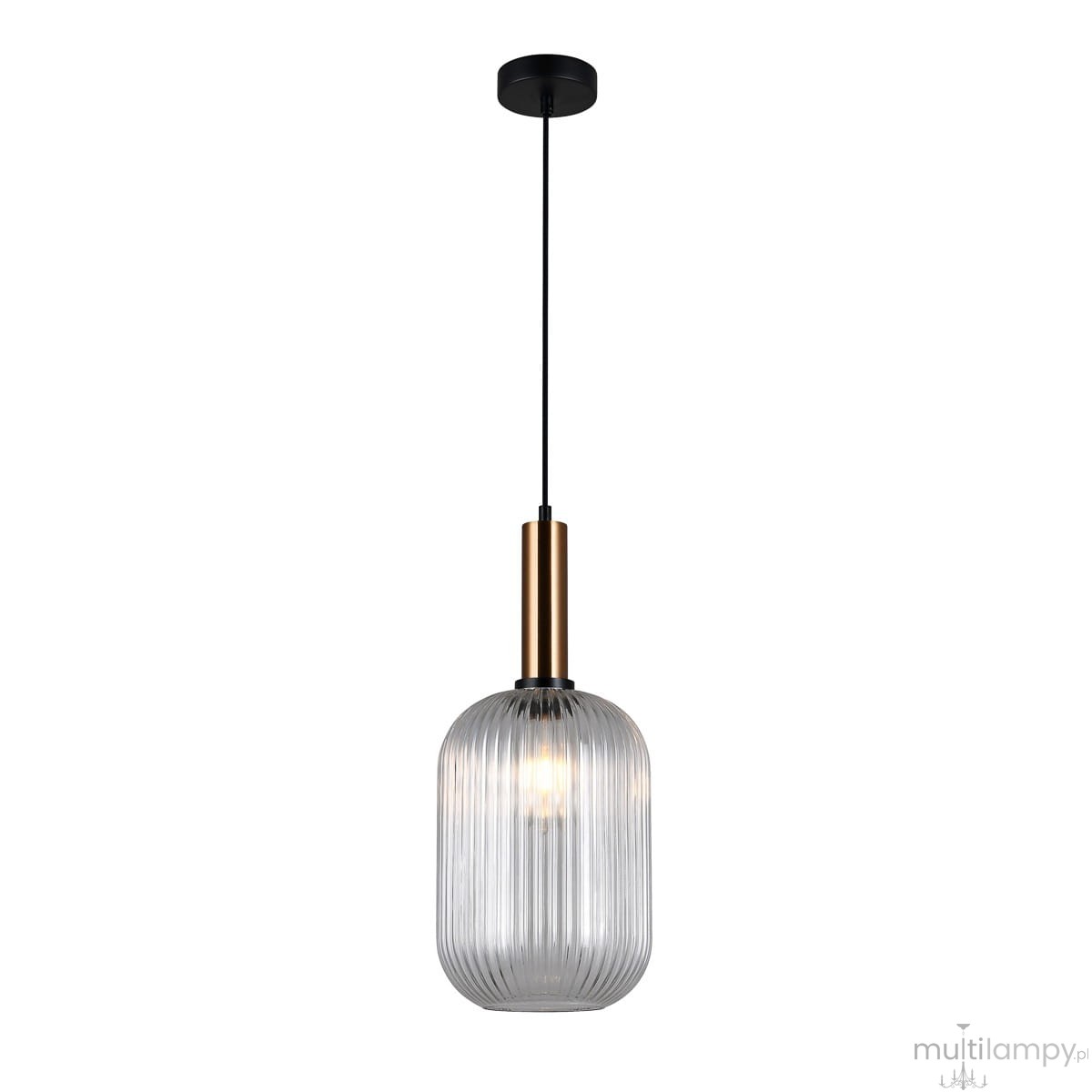 Lampa wisząca Antiola o pojedynczym źródle światła, z mosiężnym uchwytem i przezroczystym kloszem w kształcie cylindrycznym, zawieszona na czarnym przewodzie. Klosz ma pionowe żłobienia, co nadaje elegancki wygląd.