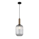Lampa wisząca Antiola o pojedynczym źródle światła, z mosiężnym uchwytem i przezroczystym kloszem w kształcie cylindrycznym, zawieszona na czarnym przewodzie. Klosz ma pionowe żłobienia, co nadaje elegancki wygląd.