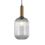 Lampa wisząca Antiola 1-punktowa w kolorze mosiądzu i z przeźroczystym kloszem. Owalny kształt z pionowymi żłobieniami, metalowa podsufitka, zawieszona na czarnym przewodzie. Widoczna żarówka wewnątrz klosza.