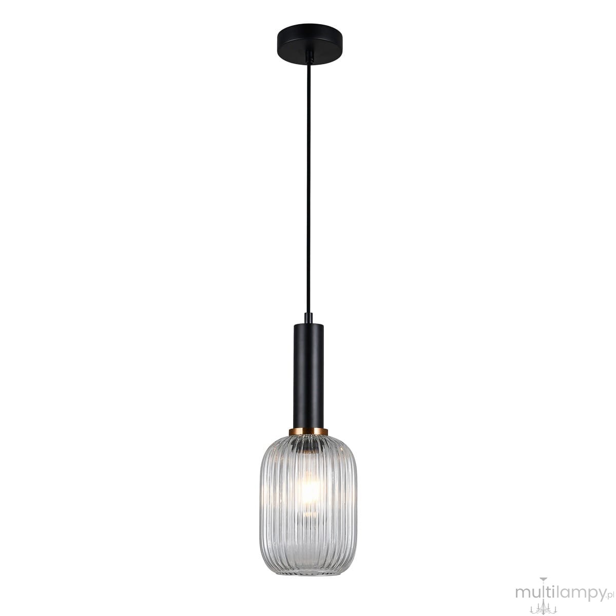 Lampa wisząca Antiola 1-punktowa w kolorze czarnym i przezroczystym, z okrągłym, metalowym mocowaniem. Szklany klosz o prostokątnym kształcie z wypukłymi żłobieniami, zawieszony na cienkim przewodzie. Idealna do nowoczesnych wnętrz.