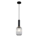 Lampa wisząca Antiola 1-punktowa w kolorze czarnym i przezroczystym, z okrągłym, metalowym mocowaniem. Szklany klosz o prostokątnym kształcie z wypukłymi żłobieniami, zawieszony na cienkim przewodzie. Idealna do nowoczesnych wnętrz.