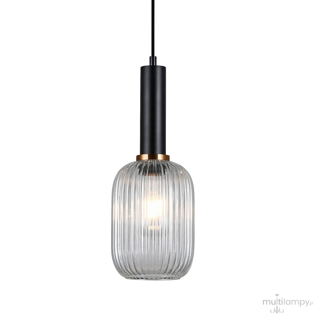 Lampa wisząca Antiola 1-punktowa w kolorze czarnym i przezroczystym. Szklany klosz o prostokątnym kształcie z żeberkowaną fakturą, metalowy element u góry w kolorze czarnym, zawieszona na cienkim przewodzie.