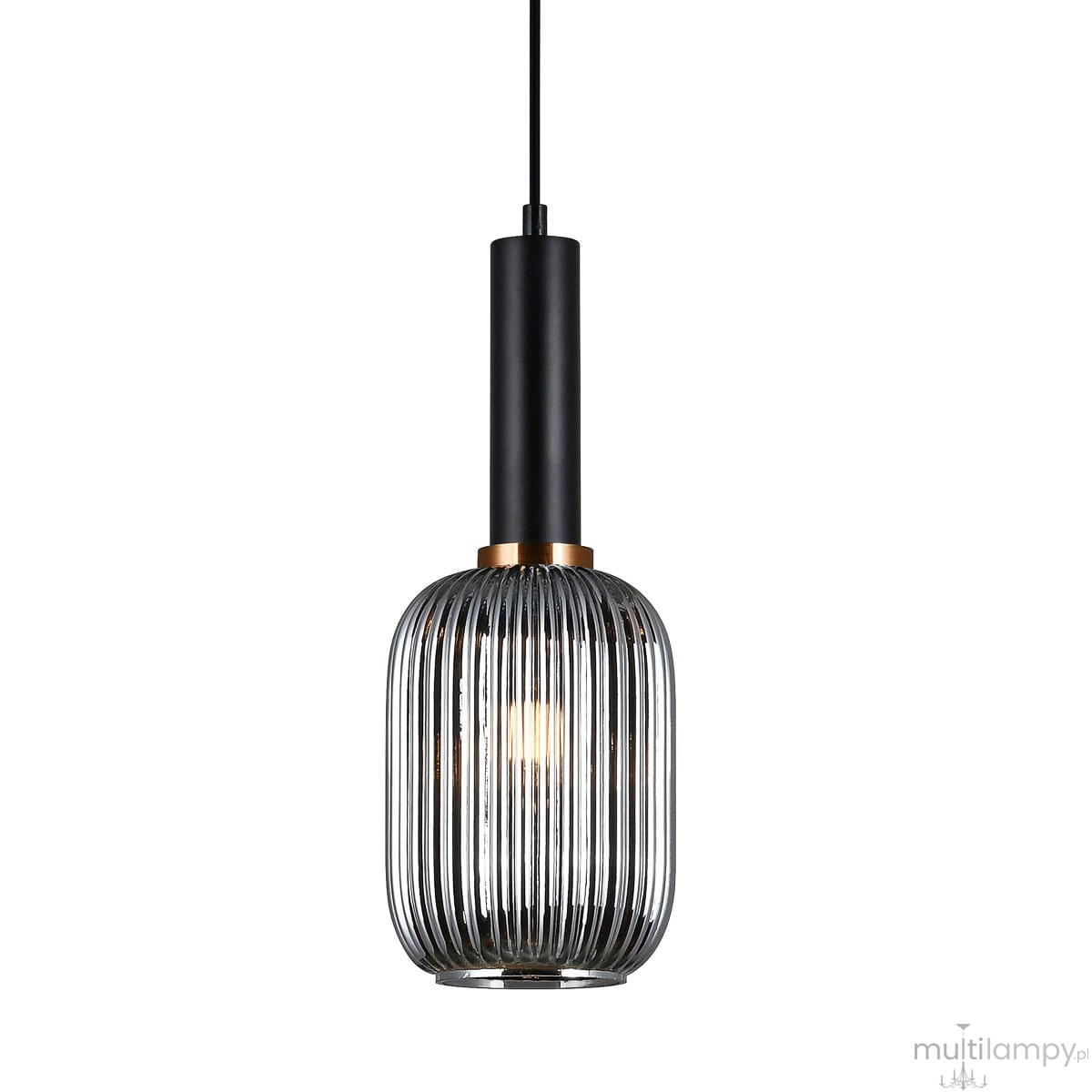 Lampa wisząca Antiola 1-punktowa w kolorze czarnym z dymionym kloszem. Klosz o teksturowanej powierzchni i kształcie butelki, z metalowym elementem w złotym kolorze. Zawieszona na cienkim kablu, w pozycji pionowej.