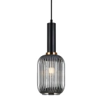 Lampa wisząca Antiola 1-punktowa w kolorze czarnym z dymionym kloszem. Klosz o teksturowanej powierzchni i kształcie butelki, z metalowym elementem w złotym kolorze. Zawieszona na cienkim kablu, w pozycji pionowej.