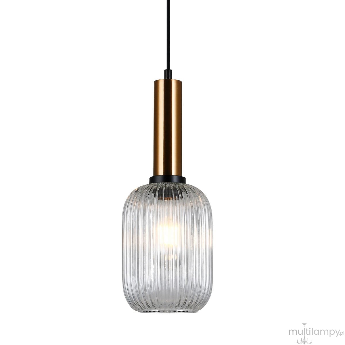 Lampa wisząca Antiola 1-punktowa z mosiężnym uchwytem i przezroczystym kloszem. Klosz o zaokrąglonym kształcie z delikatnymi żłobieniami, zawieszony na czarnym przewodzie. Wymiary i detale mogą być istotne dla aranżacji wnętrza.