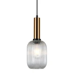 Lampa wisząca Antiola 1-punktowa z mosiężnym uchwytem i przezroczystym kloszem. Klosz o zaokrąglonym kształcie z delikatnymi żłobieniami, zawieszony na czarnym przewodzie. Wymiary i detale mogą być istotne dla aranżacji wnętrza.