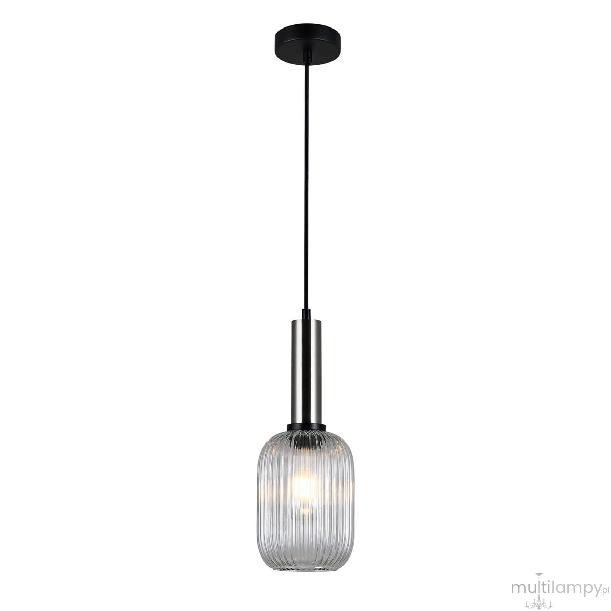 Lampa wisząca Antiola 1-punktowa w kolorze nikiel satyna i przeźroczystym, z oprawą w kształcie szklanej, żebrowanej kuli. Zawieszona na cienkim, czarnym przewodzie, idealna do nowoczesnych wnętrz.