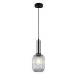 Lampa wisząca Antiola 1-punktowa w kolorze nikiel satyna i przeźroczystym, z oprawą w kształcie szklanej, żebrowanej kuli. Zawieszona na cienkim, czarnym przewodzie, idealna do nowoczesnych wnętrz.