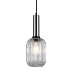 Lampa wisząca Antiola 1-punktowa w kolorze nikiel satyna z przezroczystym kloszem. Klosz o zaokrąglonym kształcie z pionowymi rowkami, zawieszony na cienkim przewodzie. Wewnątrz widoczna żarówka, zapewniająca ciepłe światło.