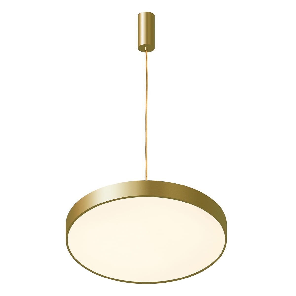 Złota lampa wisząca Orbital D40 LED 3000K, okrągła, z białym kloszem, zawieszona na cienkim przewodzie. Prosta forma z matowym wykończeniem, idealna do nowoczesnych wnętrz. Kąt ujęcia frontalny.