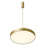 Złota lampa wisząca Orbital D40 LED 3000K, okrągła, z białym kloszem, zawieszona na cienkim przewodzie. Prosta forma z matowym wykończeniem, idealna do nowoczesnych wnętrz. Kąt ujęcia frontalny.
