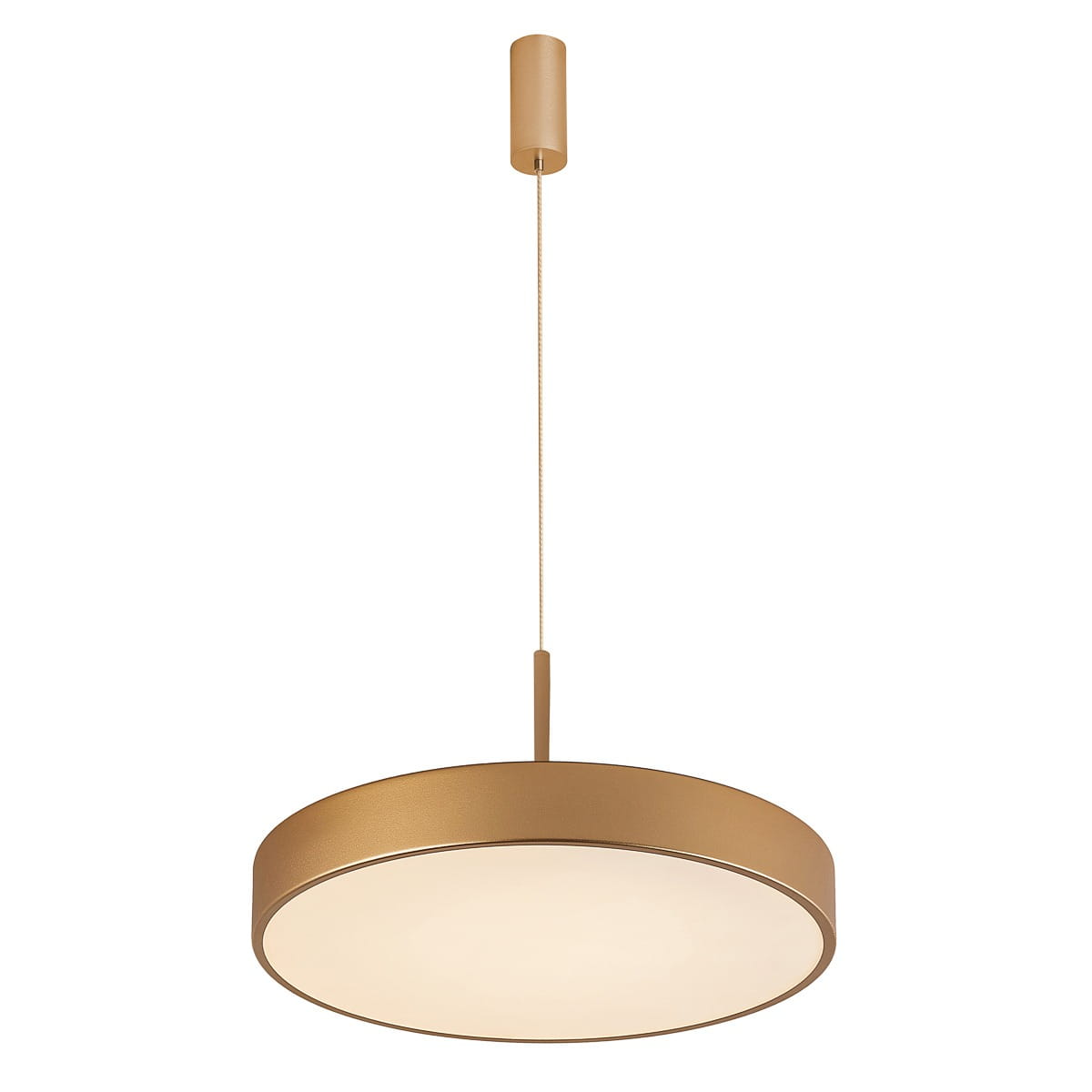 Lampa wisząca Orbital D40 LED 3000K w złotym kolorze, o okrągłym kształcie. Zawieszona na cienkim kablu, z matowym kloszem, emitującym ciepłe światło. Montaż sufitowy, minimalistyczny design, idealna do nowoczesnych wnętrz.