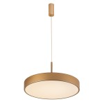 Lampa wisząca Orbital D40 LED 3000K w złotym kolorze, o okrągłym kształcie. Zawieszona na cienkim kablu, z matowym kloszem, emitującym ciepłe światło. Montaż sufitowy, minimalistyczny design, idealna do nowoczesnych wnętrz.